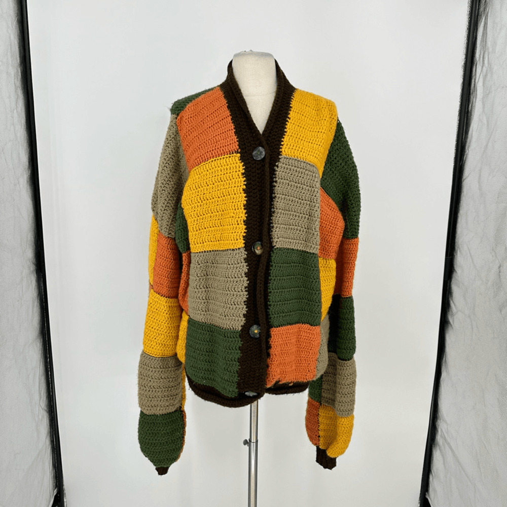 90s Hippie Hand Knit Cardigan Sweater Womens L Harry Styles Pattern Patchwork - Picture 3 of 10